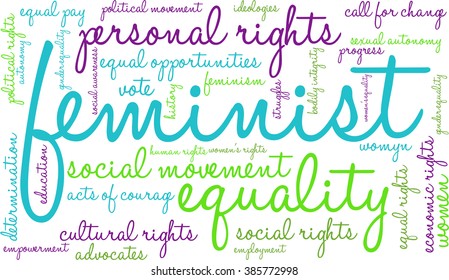 Feminist word cloud on a white background. 