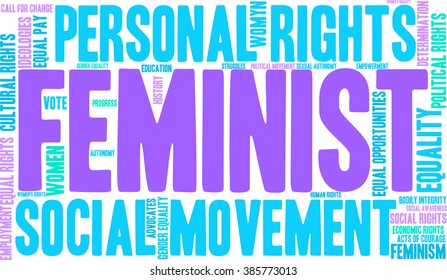 Feminist word cloud on a white background. 