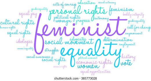 Feminist word cloud on a white background. 