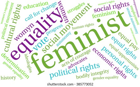 Feminist word cloud on a white background. 