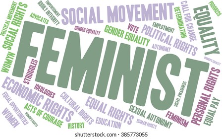 Feminist word cloud on a white background. 