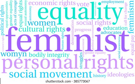 Feminist word cloud on a white background. 