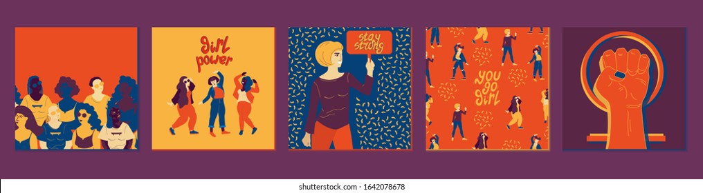 Feministic card set. Lettering.Seamless pattern of diverse female portraits and copy space.Three dancing happy girls.Woman-protester.Pattern with different women in full size.Raised fist, venus symbol