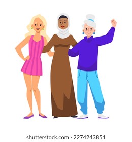 Feminists women multiethnic cartoon characters fight for women rights and support feminism movement, flat vector illustration isolated on white background.