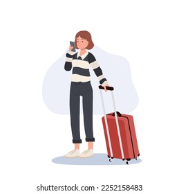 Femlae Tourist with luggage using mobile phone in the airport. Falt vector illustration