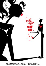 Femme Fatale and the little man. Little Man presents a love gift of a great woman. Ironic illustration.