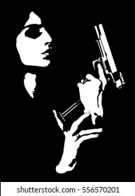 Femme Fatale Reloading Gun Abstract Portrait.  Easy Editable Layered Vector Illustration. 