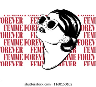 Frau für immer. Vektor handgezeichnetes Poster mit realistischer Illustration des jungen Mädchens. Kreative Kunst mit Muster mit Inschrift. Vorlage für Karte, Banner, Druck für T-Shirt, Pin, Badge, Patch.