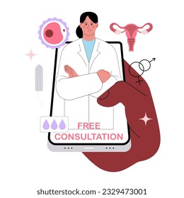 FEMTECH. Online gynecologist consultation. Mobile application, website or online platform and service providing free female health information. Flat vector illustration