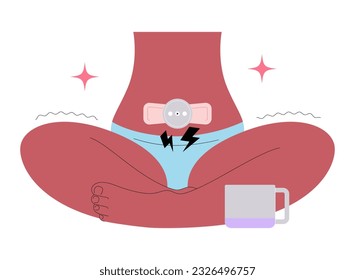 FEMTECH. Technologies, software, products and services for woman's health. Menstrual pain relief device. Painful menstruation cramp and endometriosis help. Flat vector illustration