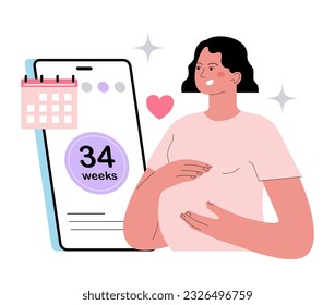 FEMTECH. Tecnologías, software, productos y servicios para la salud de la mujer. Mujer embarazada que utiliza la aplicación de seguimiento del embarazo. Semanas y conteo de emotores. Ilustración vectorial plana