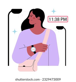 FEMTECH. Tecnologías para el bienestar y la seguridad de la mujer. Muchacha caminando por las calles tarde por la noche. Dispositivo de prevención de la agresión sexual y el acoso sexual. botón SOS. Ilustración vectorial plana