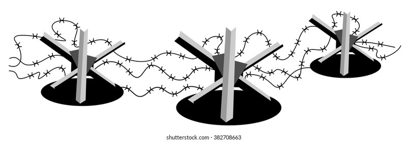 Fence against enemies and migrants made of barbed wire and hedgehog barrier 