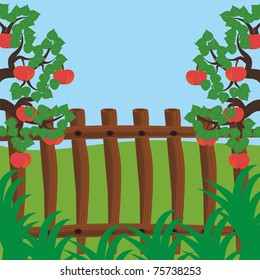 fence and apple trees