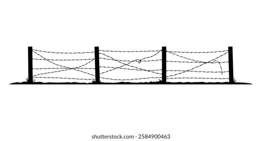 Fence with barbed wire icon. Fencing. Black silhouette. Horizontal front view. Vector simple flat graphic illustration. Isolated object on white background. Isolate.