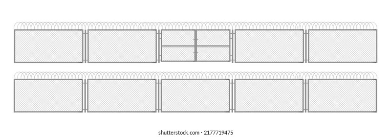 Fence with barbed wire, metal grid with gate. Steel fencing segments, prison perimeter protection barrier separated with poles, rabitz isolated on white background. Realistic 3d vector illustration