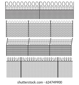 Fence with barbed wire set. Vector.