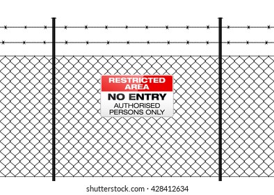 Fence With Barbed Wire And Sign NO ENTRY. Isolated Wire Fence On White Background. Vector Illustration.