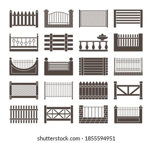 Fence and barriers sections set. Simple monochrome rustic roughly knitted together from boards wooden openwork casting with hearts farmhouse brick with iron mesh antique carved. Vector cartoon.