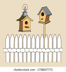 Fence and birds feeders vector illustration, hand drawn illustration isolated on white background