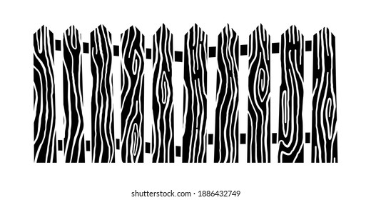 Fence black and white hand drawn illustration. Wooden planks for yard territory railing silhouette isolated on white background. Rural backyard boundary construction. Old timber hedge, ring-fence