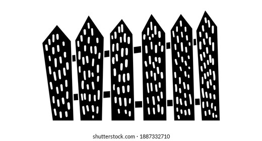 Ilustración dibujada a mano en blanco y negro. Placas de madera para la silueta de barandilla de patio aislada en fondo blanco. Construcción de los límites del patio trasero rural. Cubierta de madera antigua, valla anexa