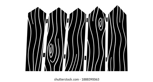 Ilustración dibujada a mano en blanco y negro. Placas de madera para la silueta de barandilla de patio aislada en fondo blanco. Construcción de los límites del patio trasero rural. Cubierta de madera antigua, valla anexa