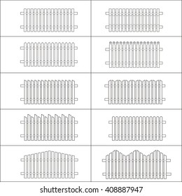 A fence of boards, different options. Vector illustration. Without colors. Coloring book for kids. Black contour, isolated on a white background.