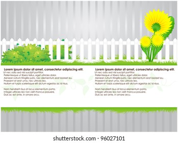 Fence with bushes and dandelions on abstract striped background