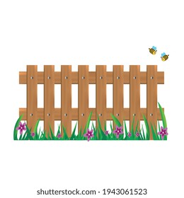 Fence and bushes with flowers in vector on a white background