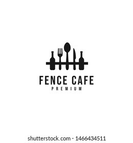 Fence cafe logo made from silverware and bottles, vector icon illustration