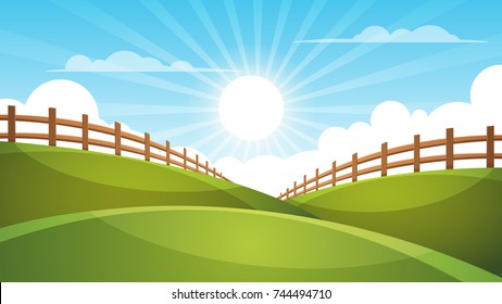 Fence, cartoon landscape. Sun, cloud sky illustration Vector eps 10