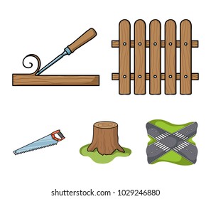 Fence, chisel, stump, hacksaw for wood. Lumber and timber set collection icons in cartoon style vector symbol stock illustration web.