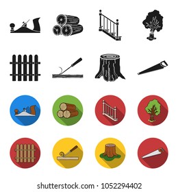 Fence, chisel, stump, hacksaw for wood. Lumber and timber set collection icons in black,flet style vector symbol stock illustration web.