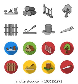 Fence, chisel, stump, hacksaw for wood. Lumber and timber set collection icons in monochrome,flat style vector symbol stock illustration web.