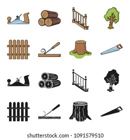 Fence, chisel, stump, hacksaw for wood. Lumber and timber set collection icons in black,cartoon style vector symbol stock illustration web.