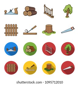 Fence, chisel, stump, hacksaw for wood. Lumber and timber set collection icons in cartoon,flat style vector symbol stock illustration web.