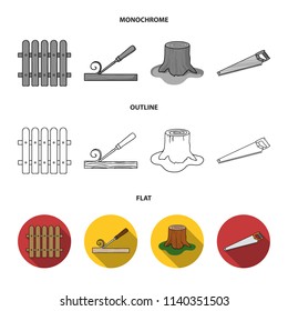 Fence, chisel, stump, hacksaw for wood. Lumber and timber set collection icons in flat,outline,monochrome style vector symbol stock illustration web.