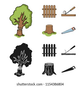 Fence, chisel, stump, hacksaw for wood. Lumber and timber set collection icons in cartoon,black style vector symbol stock illustration web.