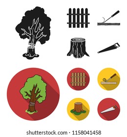 Fence, chisel, stump, hacksaw for wood. Lumber and timber set collection icons in black,flat style vector symbol stock illustration web.