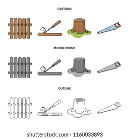 Fence, chisel, stump, hacksaw for wood. Lumber and timber set collection icons in cartoon,outline,monochrome style vector symbol stock illustration web.