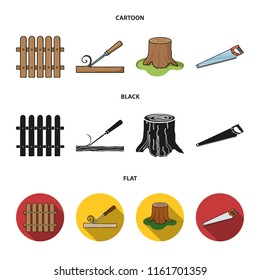 Fence, chisel, stump, hacksaw for wood. Lumber and timber set collection icons in cartoon,black,flat style vector symbol stock illustration web.
