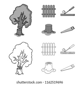 Fence, chisel, stump, hacksaw for wood. Lumber and timber set collection icons in outline,monochrome style vector symbol stock illustration web.