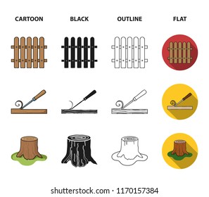 Fence, chisel, stump, hacksaw for wood. Lumber and timber set collection icons in cartoon,black,outline,flat style vector symbol stock illustration web.