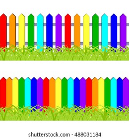 Fence colored rainbow with grass. Seamless pattern. Vector illustration.