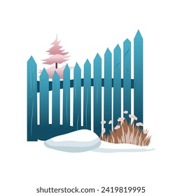 The fence of colorful set. This image depicts the serene beauty of winter, highlighting a snow-covered fence with a blend of thoughtful design and playful cartoon artistry. Vector illustration.