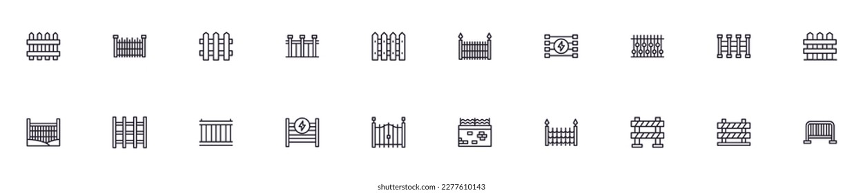 Fence concept. Collection of modern high quality fence line icons. Editable stroke. Premium linear symbol for web sites, flyers, banners, online shops and companies. 