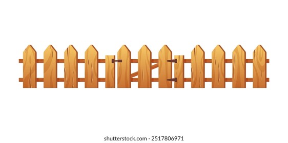 Fence consists of vertical boards with pointed tops. Simple wooden gate in the center. Textured wood, light brown. Barrier for farms. Cartoon style. Vector illustration isolated on white background.