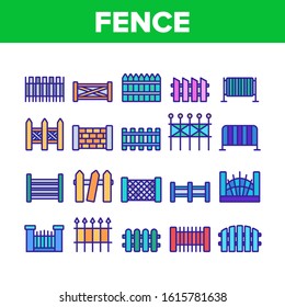 Fence Construction Collection Icons Set Vector Thin Line. Wooden And Metallic, Brick And Stone Fence Different Material And Design Concept Linear Pictograms. Color Contour Illustrations