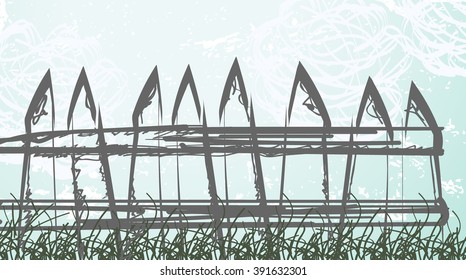 fence drawing against sky and clouds